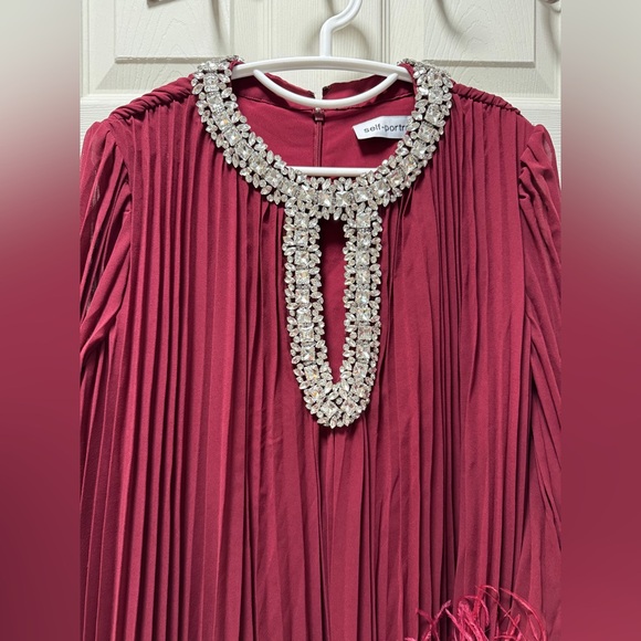 Self Portrait BURGUNDY CHIFFON FEATHER MIDI DRESS $950 NEW without tag - Picture 7 of 8